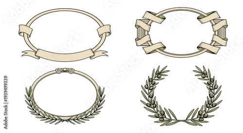 Collection of vintage style oval frames featuring elegant ribbons, scrolls, and olive branch wreaths for classical brand identity.