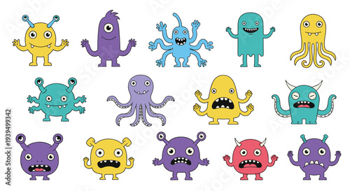 Collection of colorful and quirky cartoon monsters and aliens with various eyes, tentacles, and expressions isolated on white.