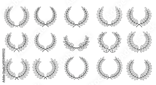 Large set of hand-drawn laurel and olive wreaths in black and white featuring various leaf styles for badges and certificate designs.