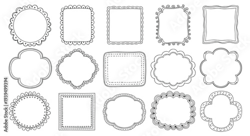 Set of various hand-drawn frames and borders in black and white featuring scalloped, dotted, and wavy edges for creative layouts.