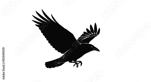 Black crow silhouette flying with spread wings is isolated on a white background for nature themes and halloween themed graphic design projects.