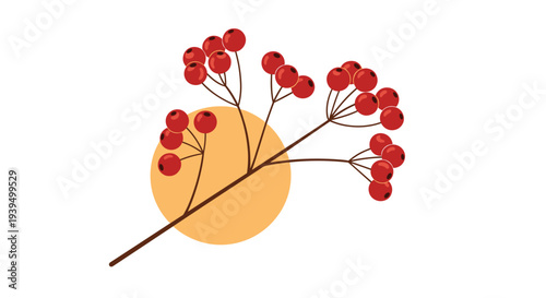 Red berries on a branch with brown stems against a yellow circle background create a minimal botanical design for seasonal greeting cards.