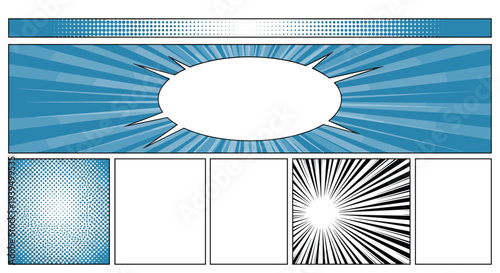 Blue comic book panel templates with halftone gradients and radial sunburst effects provide a professional layout for manga and graphic novels.