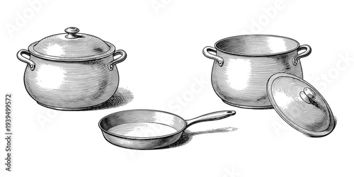 Cooking pots and frying pan detailed vintage illustration vector art