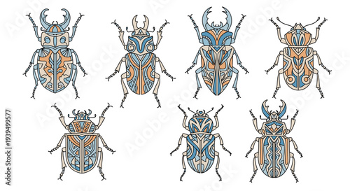 Seven ornate beetles with symmetrical colorful patterns are arranged on a white background for nature enthusiasts and artistic insect collections.