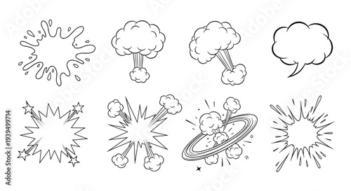 Set of black and white comic book splashes and explosions includes various burst shapes for creating action packed graphic novels and comics.
