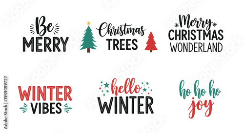 Collection of festive Christmas quotes and icons like Christmas trees and Winter vibes creates a holiday mood for stickers and greeting cards.