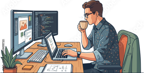 Determined Freelancer Typing Rapidly on Laptop Keyboard While Enjoying Hot Coffee in Modern Home Office Workspace During Productive Remote Work Session Isolated