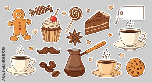 Collection of coffee and sweet treat stickers includes gingerbread man cupcake cookies and cake for a cozy and delicious food themed design.
