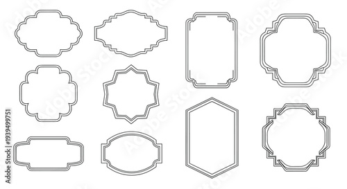 Set of ten simple black line decorative frames with various geometric and curved shapes provides versatile borders for minimalist label designs.