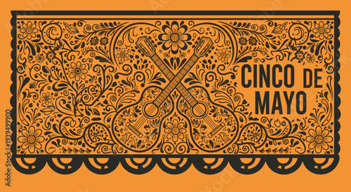 Orange papel picado banner with intricate floral designs and crossed guitars celebrating the mexican cinco de mayo holiday.