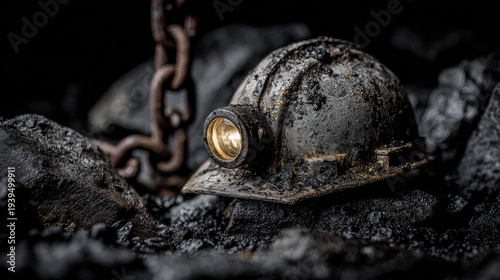 Coal mine helmet with lamp, dark background