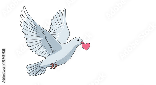 Illustration of a graceful white dove in flight carrying a small pink heart in its beak against a white background.