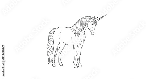 Detailed black and white line drawing of a majestic unicorn standing and looking down on a clean white background.