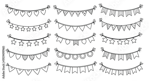 Collection of fifteen different hand drawn bunting banner designs featuring hearts stars and flags for party decoration.