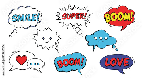 Vibrant collection of comic book style speech bubbles with energetic text like boom super and love for dynamic design.