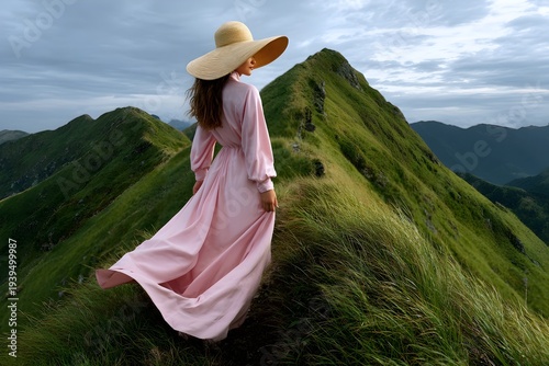 A woman with long hair, wearing a pink dress and straw hat, stands with her back to the viewer. She overlooks a lush, green mountain landscape under a cloudy sky. Scenic, travel, and nature concept