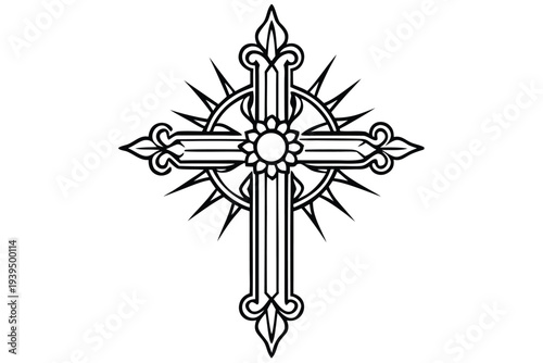 Ornate Cross with Sunburst Detail Religious Symbol Christian Iconography