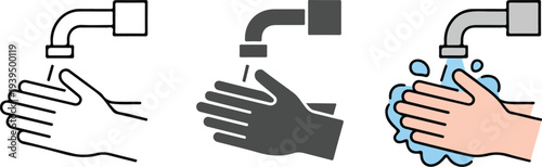 Minimal hand washing and water conservation icon set with faucet hand and droplet outline silhouette and flat variations
