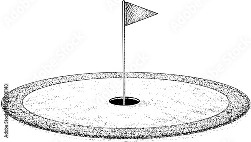 Black and white line of a golf hole with flag a putting green and rough grass