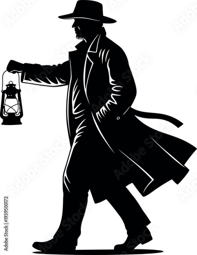 Sports silhouette of a man walking with a lantern