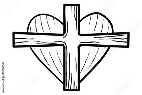Wooden Christian Cross and Heart Symbol with Wings Outline Vector Illustration