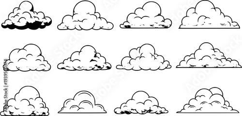 Collection of Cartoon Cumulus Clouds with Black Outlines and White Fill White Background