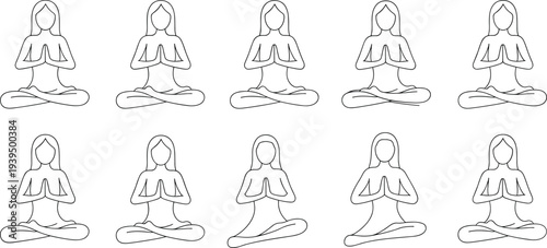 Ten black and white line of a person in a meditative pose with hands in a prayer position line black and white