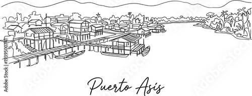Puerto Asis Colombia landscape with stilt houses and river line art vector illustration