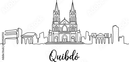 Quibdo Colombia city skyline with cathedral minimalist one line drawing vector illustration