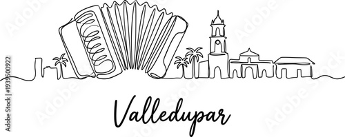 Valledupar Colombia city skyline with accordion continuous line art vector illustration