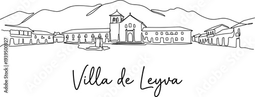 Villa de Leyva Colombia colonial town plaza continuous line art vector illustration