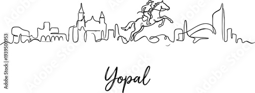 Yopal city skyline with horseman statue and landmarks in minimalist continuous line art style