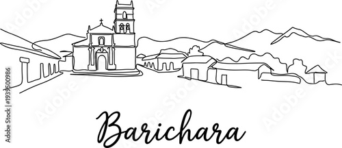 Barichara Colombia colonial skyline with church and mountains line art vector illustration