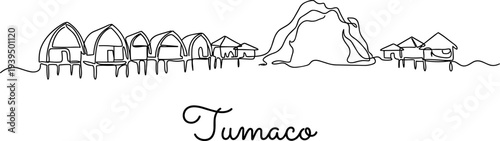Continuous line drawing of Tumaco coastal stilt houses and mountain vector illustration