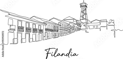 Filandia Colombia town street and mirador tower one line drawing vector illustration