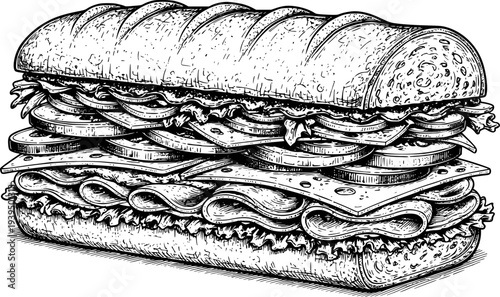 Detailed Hand Drawn of a Large Submarine Sandwich with Layers of Meat Cheese and Vegetables