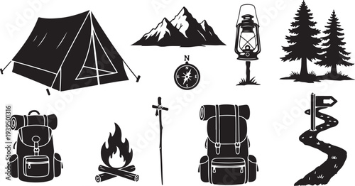 Camping and hiking icons in black and white color