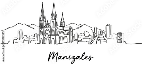 Manizales Colombia city skyline continuous line drawing with mountains vector illustration