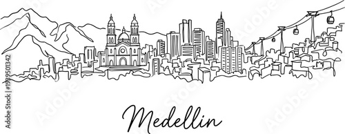 Medellin Colombia city skyline panorama with cable cars minimalist line drawing vector