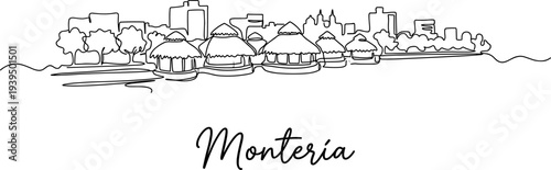 Monteria Colombia city skyline with buildings and trees continuous line drawing vector