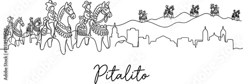 Pitalito Colombia city skyline with traditional horse riders and mountains continuous line art vector
