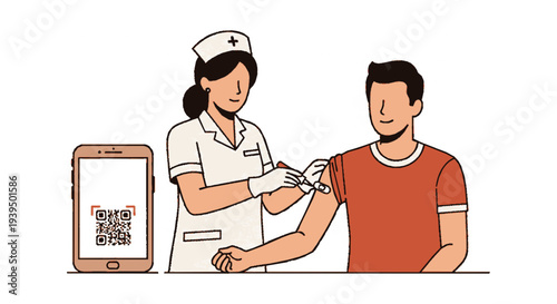 Nurse administers injection to man with qr code on smartphone nearby for health tracking