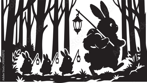 Rabbit spirits carrying lanterns in a dark forest.