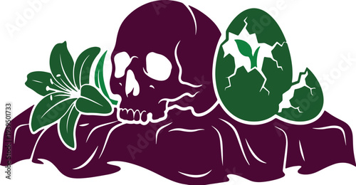 Skull resting near a cracked egg and lily flower.