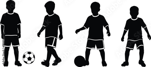 Vector silhouette illustration of children with soccer balls, different poses showing play, training, teamwork, youth sports activity, football recreation design artwork