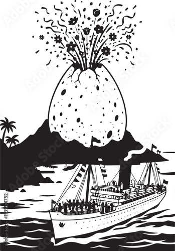 Volcano shaped like an egg erupting with flowers