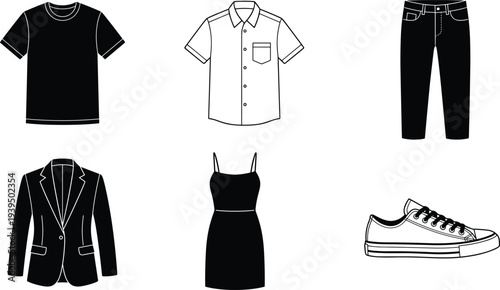 Clothing and footwear collection illustration vector fashion apparel garment design graphics, wardrobe concept, black and white creative art set