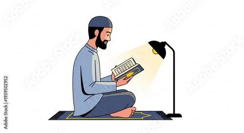 A Muslim man reading the Holy Quran under a lamp's glow, illuminated on a prayer mat, symbolizing devotion and spiritual practice