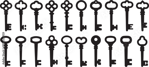 Antique key silhouettes. Medieval and modern keys, black vintage shapes silhouette icon set